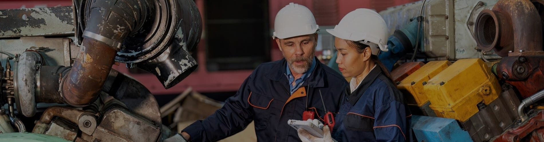 Maintenance workers wearing hardhats and jackets inspect heavy equipment on the factory floor.